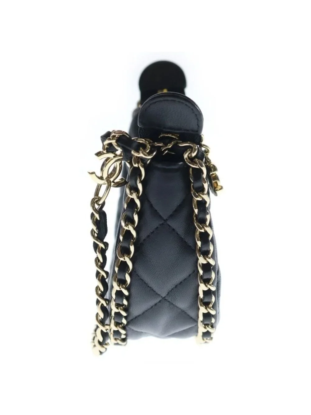 Chanel Quilted Hobo Back Chain Shoulder Mini Gold Lambskin Black